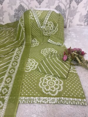 Shop This Beautiful Cotton Bandej Procin Printed Straight Style With Lehria Kurti With Plazoo And Mal Mal Dupatta