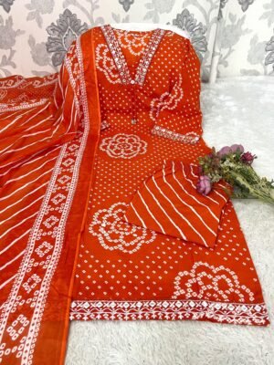 Alternative view of Shop This Beautiful Cotton Bandej Procin Printed Straight Style With Lehria Kurti With Plazoo  And Mal Mal Dupatta 
