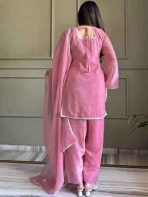 Alternative view of WOMEN'S ELEGANT PINK CRINKLE KURTA PANT SET WITH DUPPATA & DIAMOND SIROSKI WORK