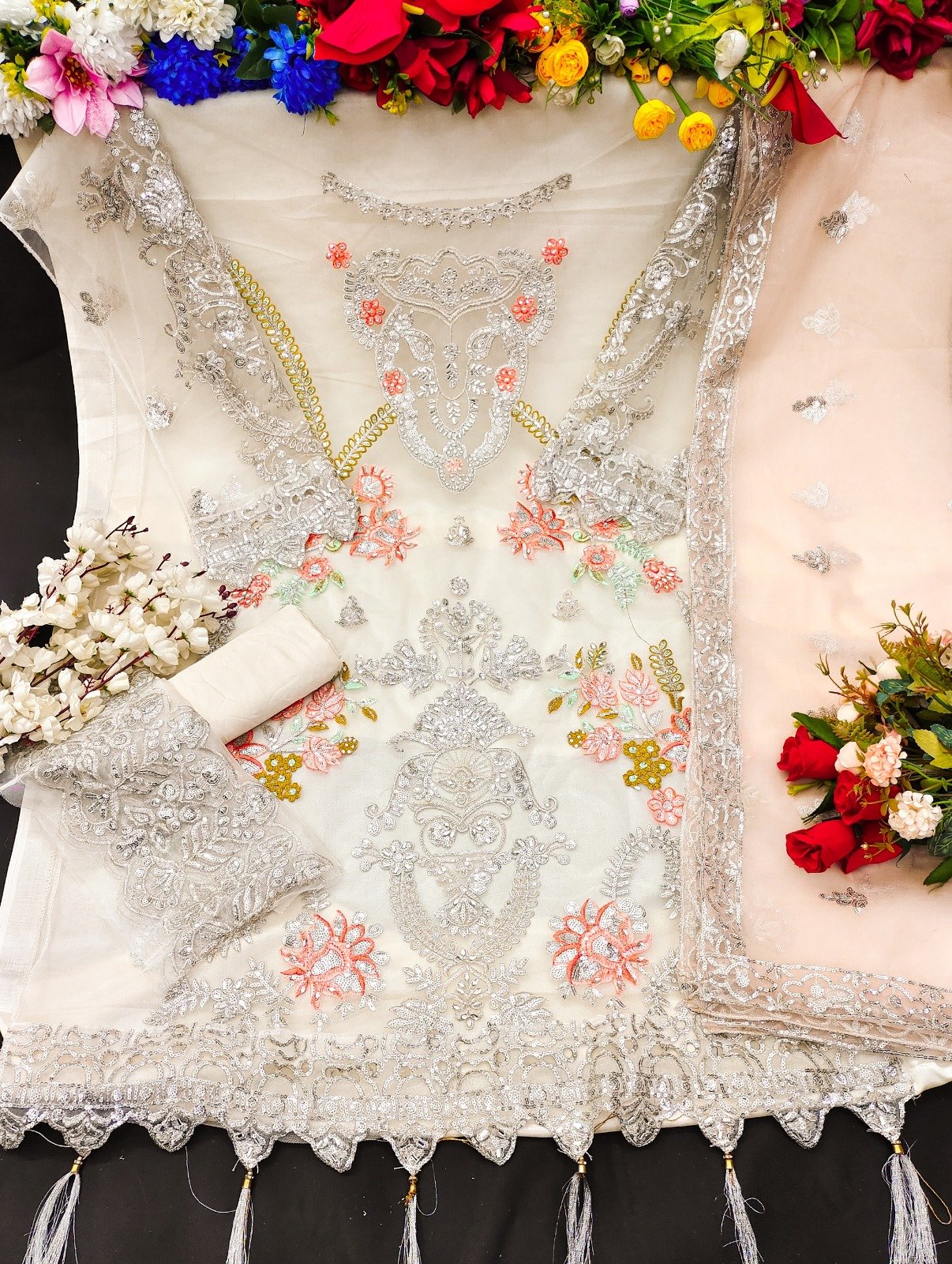 Butterfly Net With Sequence Embroidery Work With Diamond Work (Latkan Attached) - Image 3