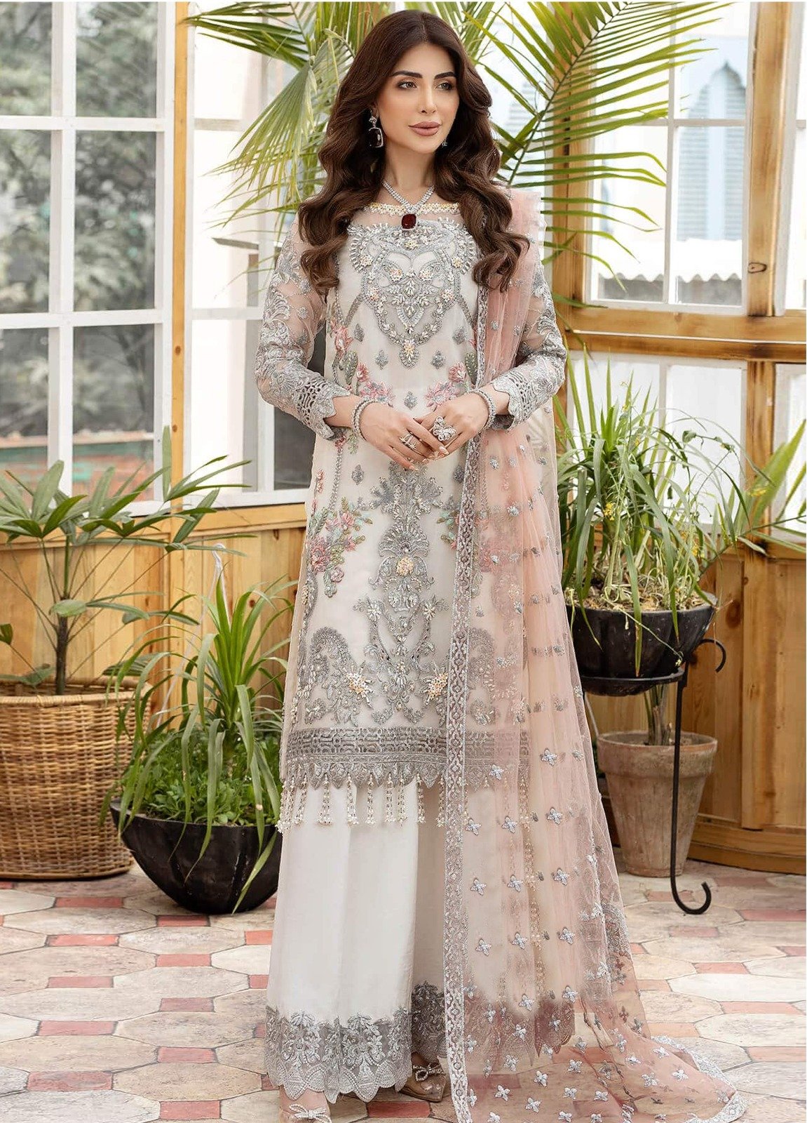 Butterfly Net With Sequence Embroidery Work With Diamond Work (Latkan Attached)
