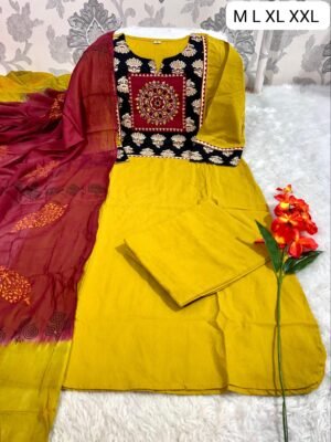 Alternative view of Pure Cotton Kurti With Classy Embroidery Work on yoke & backside and pant and tye dye print mal mal dupatta to complete the look