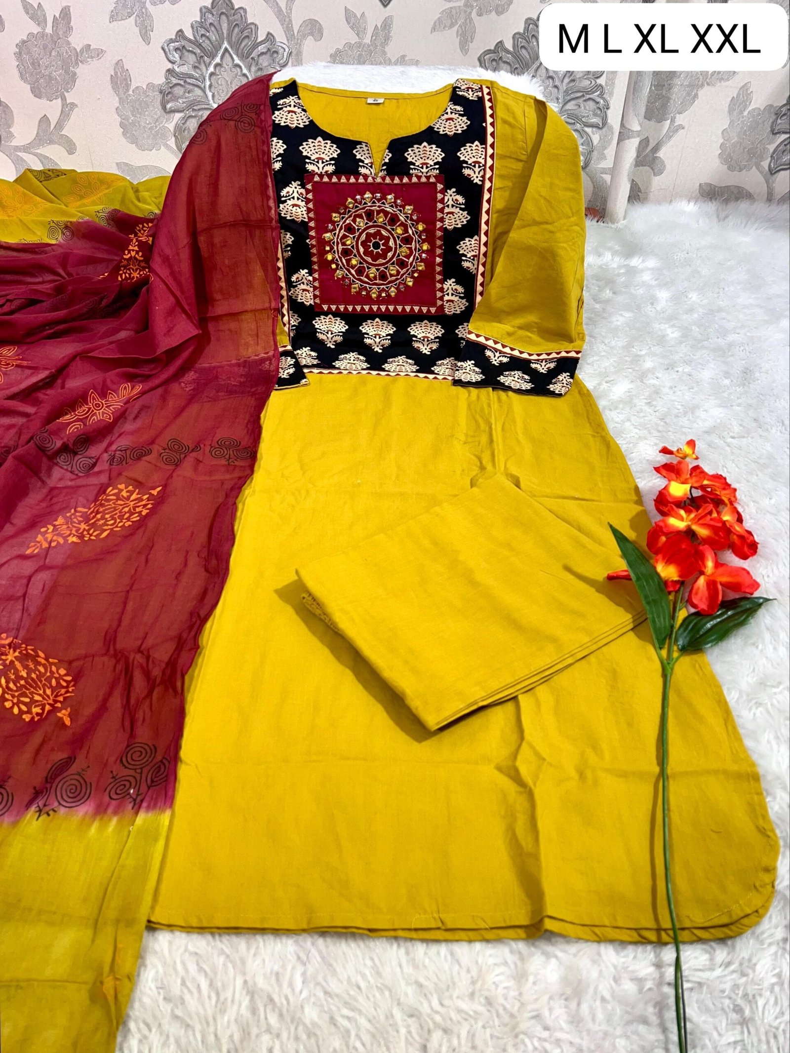 Pure Cotton Kurti With Classy Embroidery Work on yoke & backside and pant and tye dye print mal mal dupatta to complete the look - Image 2