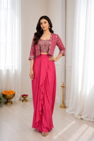 Experience effortless luxury with this premium Koti with Dhoti Lehega. Expertly tailored with precise pleats and a refined finish, it delivers a sophisticated look without compromising comfort.