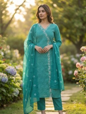 Get ready to look stunning this festive season with our beautiful, traditional Lehriya & Bandhani Dress Material Set