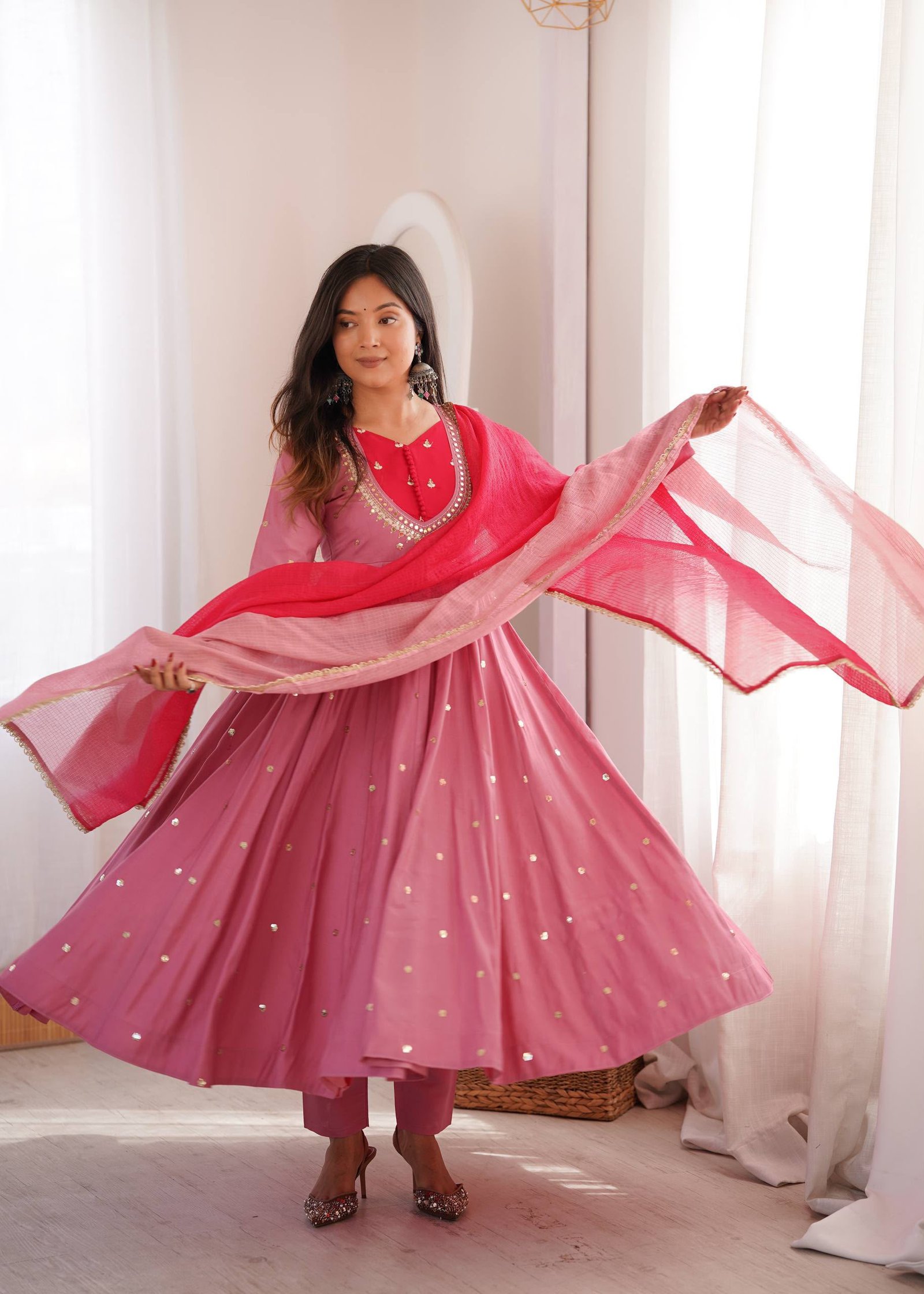 Elegant Embroidered Sequence With Real Mirror Designer Anarkali Three Piece Set