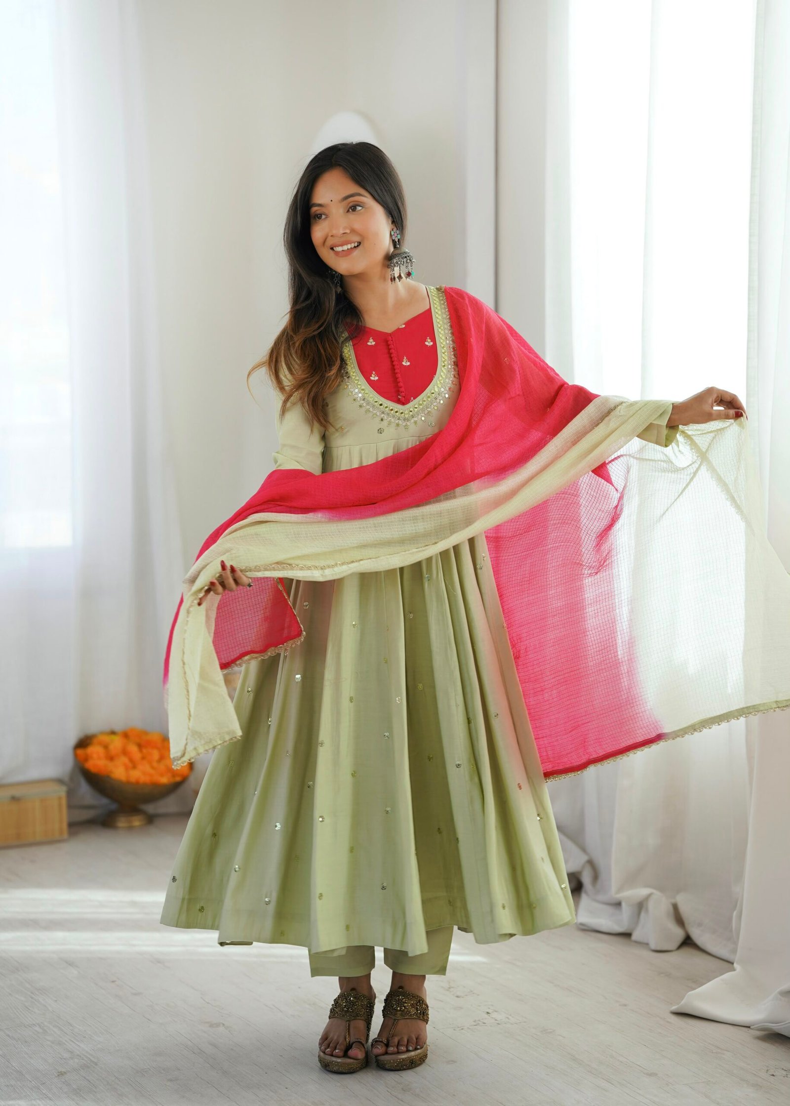 Elegant Embroidered Sequence With Real Mirror Designer Anarkali Three Piece Set - Image 3