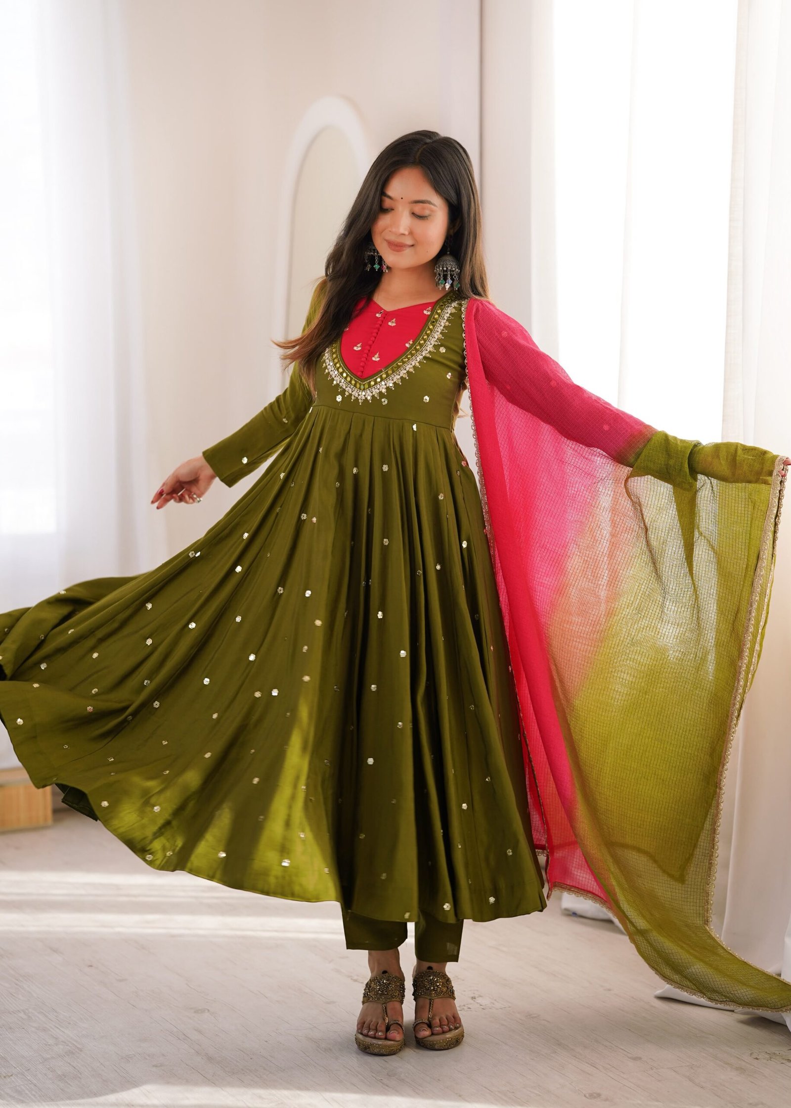 Elegant Embroidered Sequence With Real Mirror Designer Anarkali Three Piece Set - Image 5