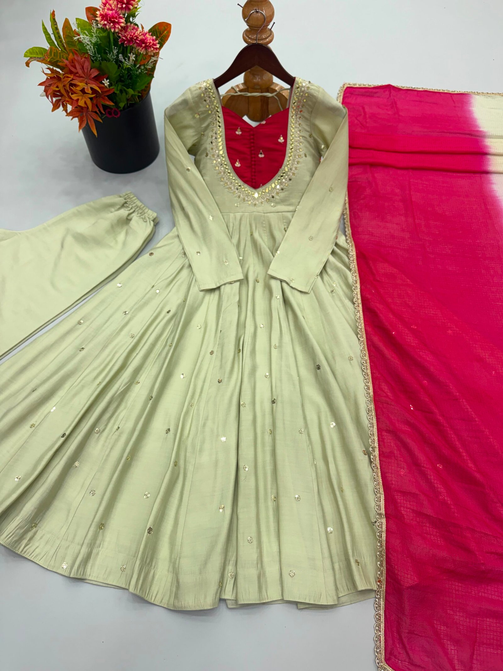 Elegant Embroidered Sequence With Real Mirror Designer Anarkali Three Piece Set - Image 4
