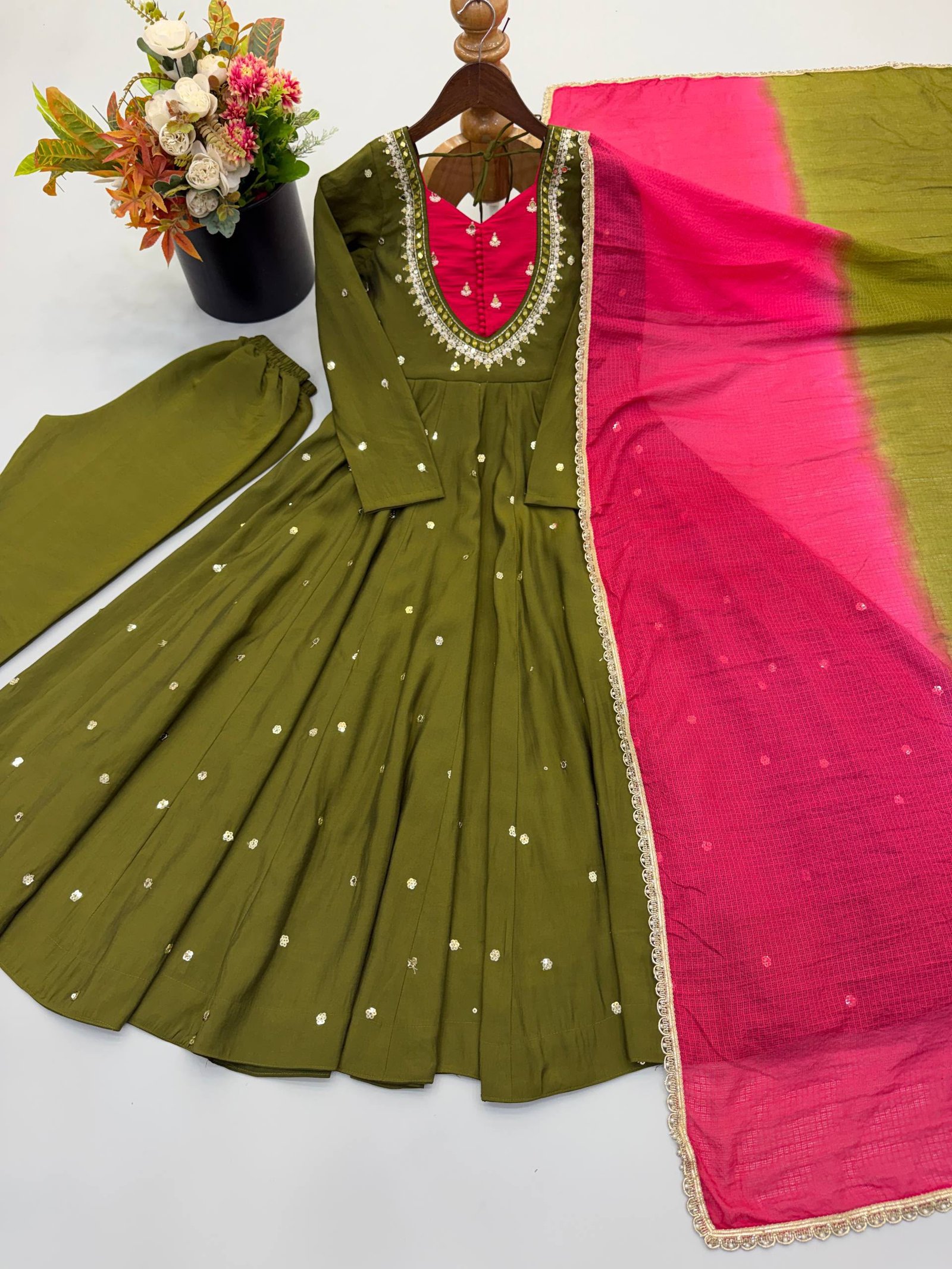 Elegant Embroidered Sequence With Real Mirror Designer Anarkali Three Piece Set - Image 6