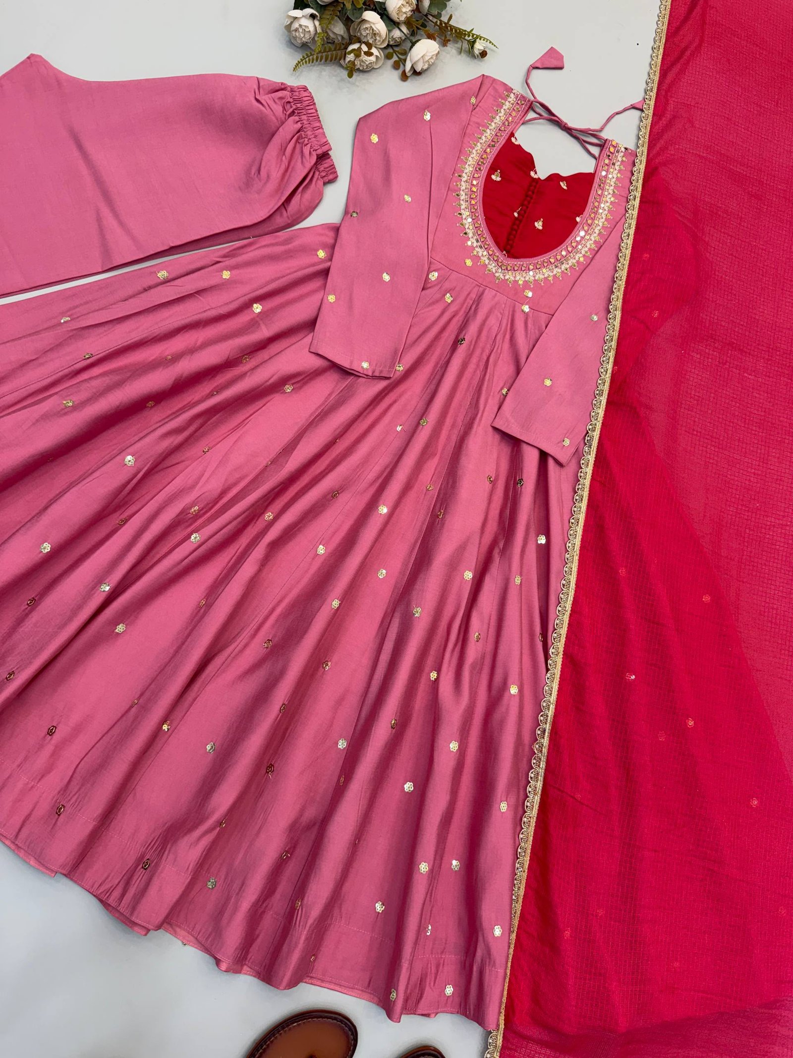 Elegant Embroidered Sequence With Real Mirror Designer Anarkali Three Piece Set - Image 2