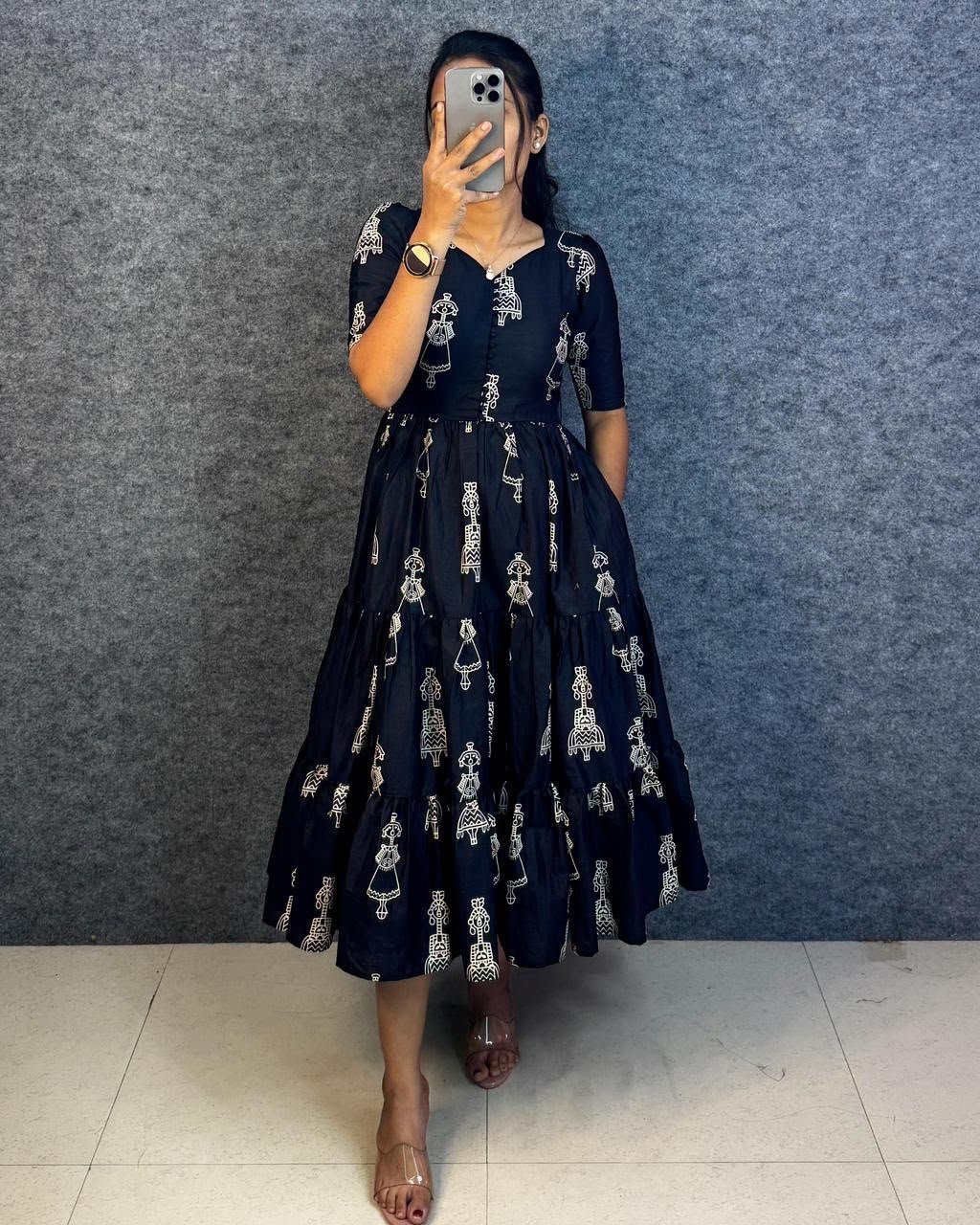 Launching the most unique “Warli Art doll “hand block pure cotton printed maxi gown with one side pocket