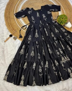 Alternative view of Launching the most unique “Warli Art doll “hand block pure cotton printed maxi gown with one side pocket