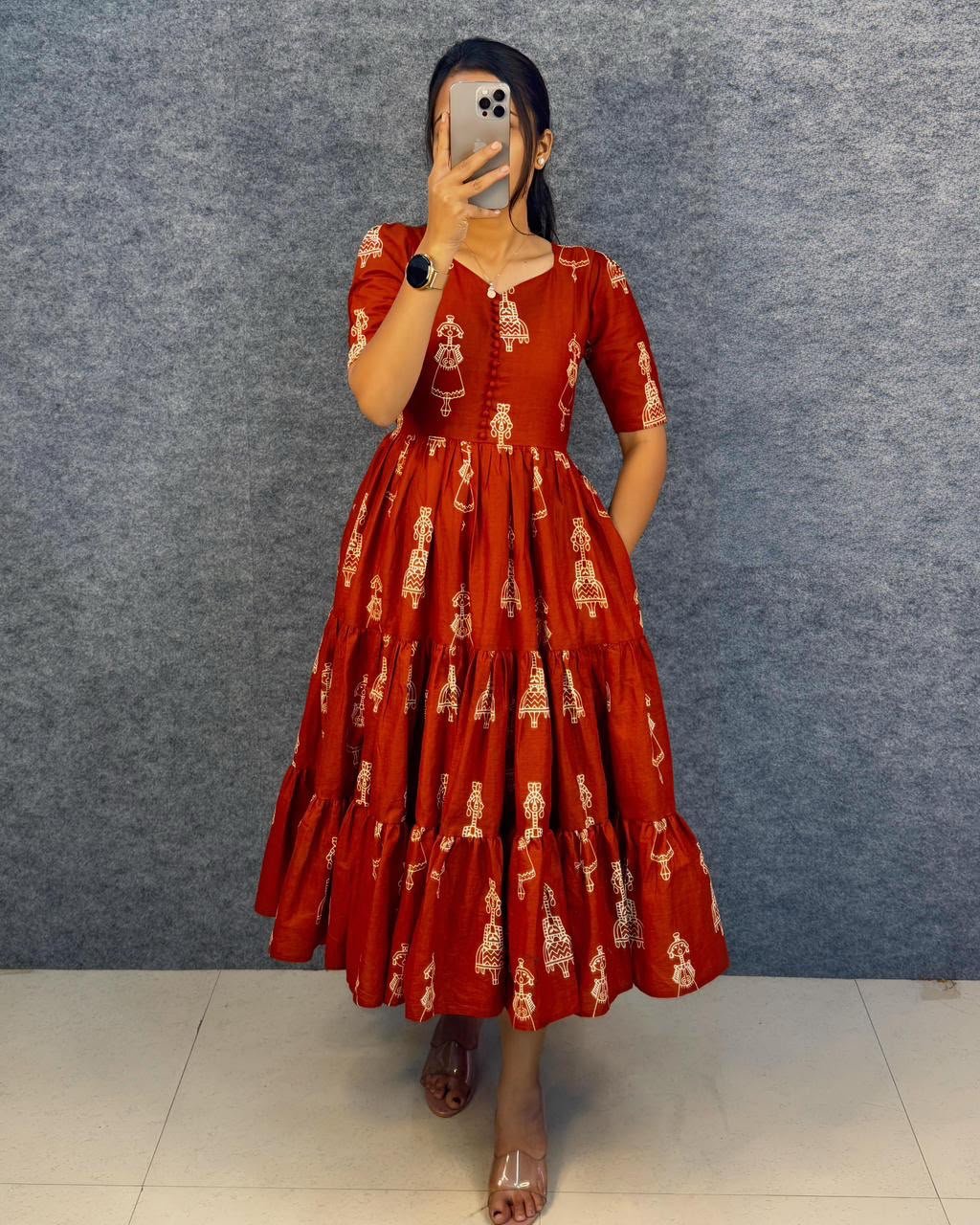 Launching the most unique “Warli Art doll “hand block pure cotton printed maxi gown with one side pocket - Image 5