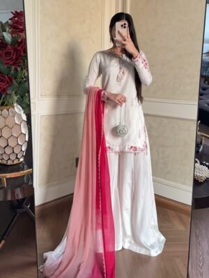 Đěsigner Party Wear Look Pur Natural Crep Sillk Top & Plazzo With Dupatta set