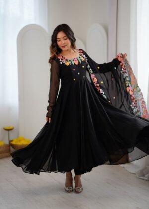 Presenting New Designer Collection In Faux Georgette With Embroidery Work Gown And Dupatta Set Fully Stitched Ready To Wear