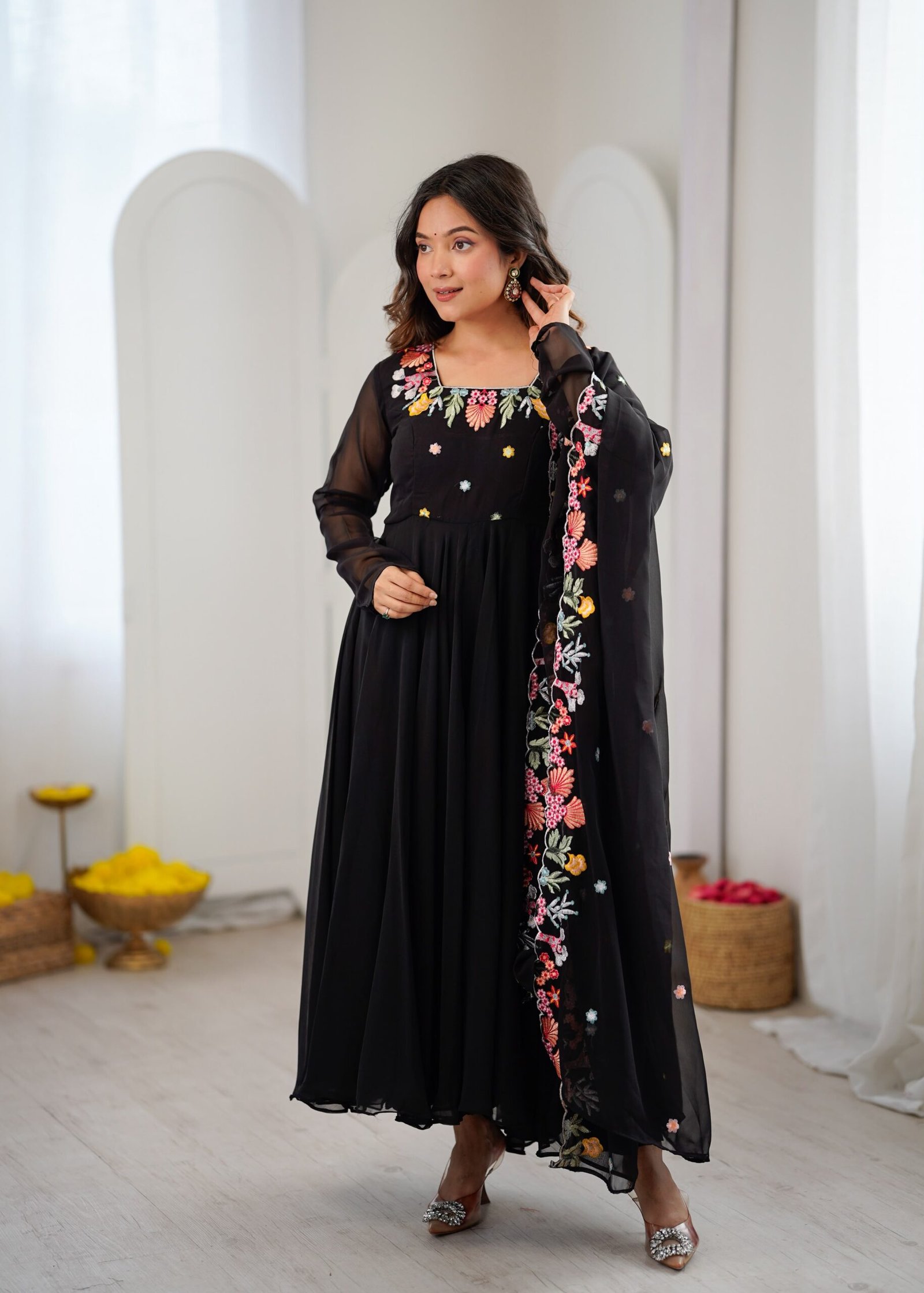 Presenting New Designer Collection In Faux Georgette With Embroidery Work Gown And Dupatta Set Fully Stitched Ready To Wear - Image 2