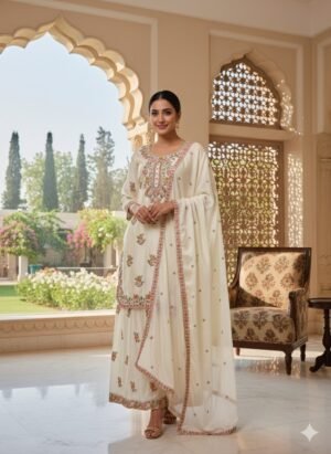 DESIGNER WEAR SEQUENCE EMBROIDERY ON SILK FABRIC TOP AND PLAZZO WITH DUPATTA