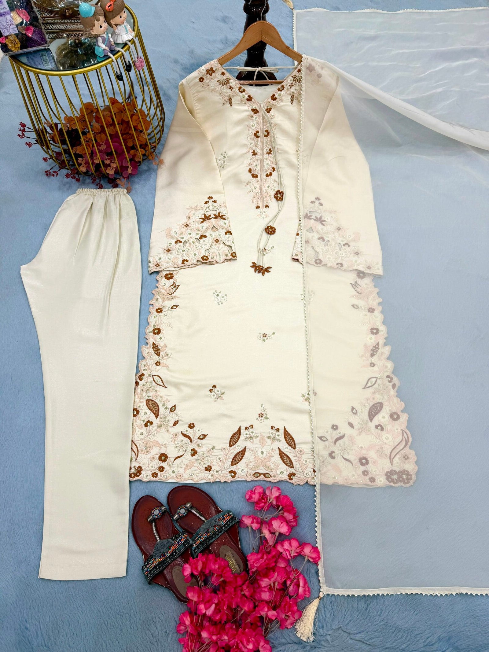 Đěsigner Party Wear Look Pur Roman Glass Over Size Long Kaftan & Bottom With Dupatta set - Image 2