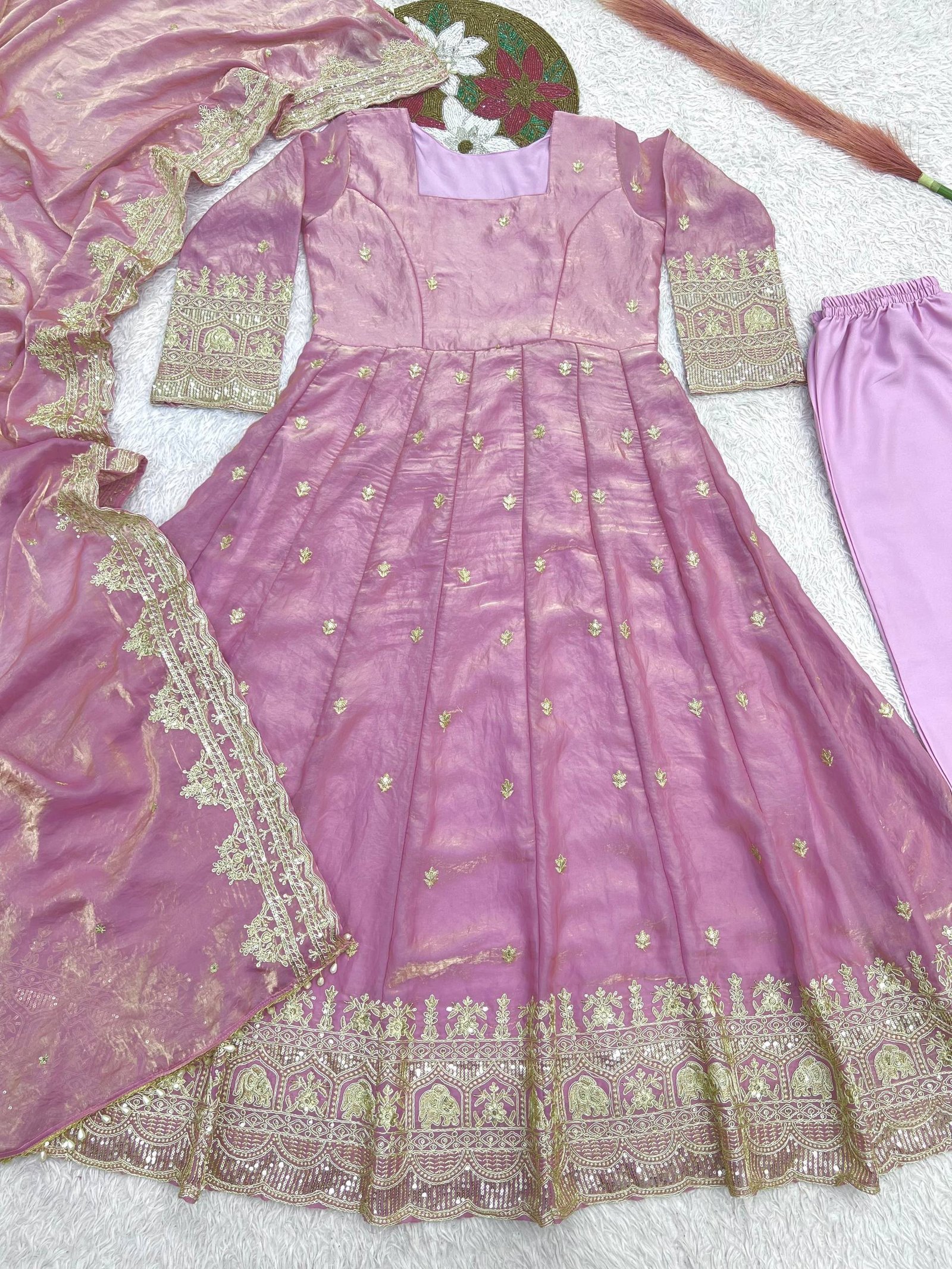 Elegant Embroidery Work With Designer Anarkali Three Piece Set - Image 4