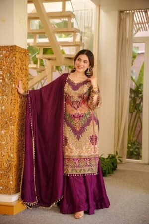 Elevate your festive wardrobe with this breathtaking 3-piece ethnic ensemble, crafted from premium, lightweight Chinon fabric