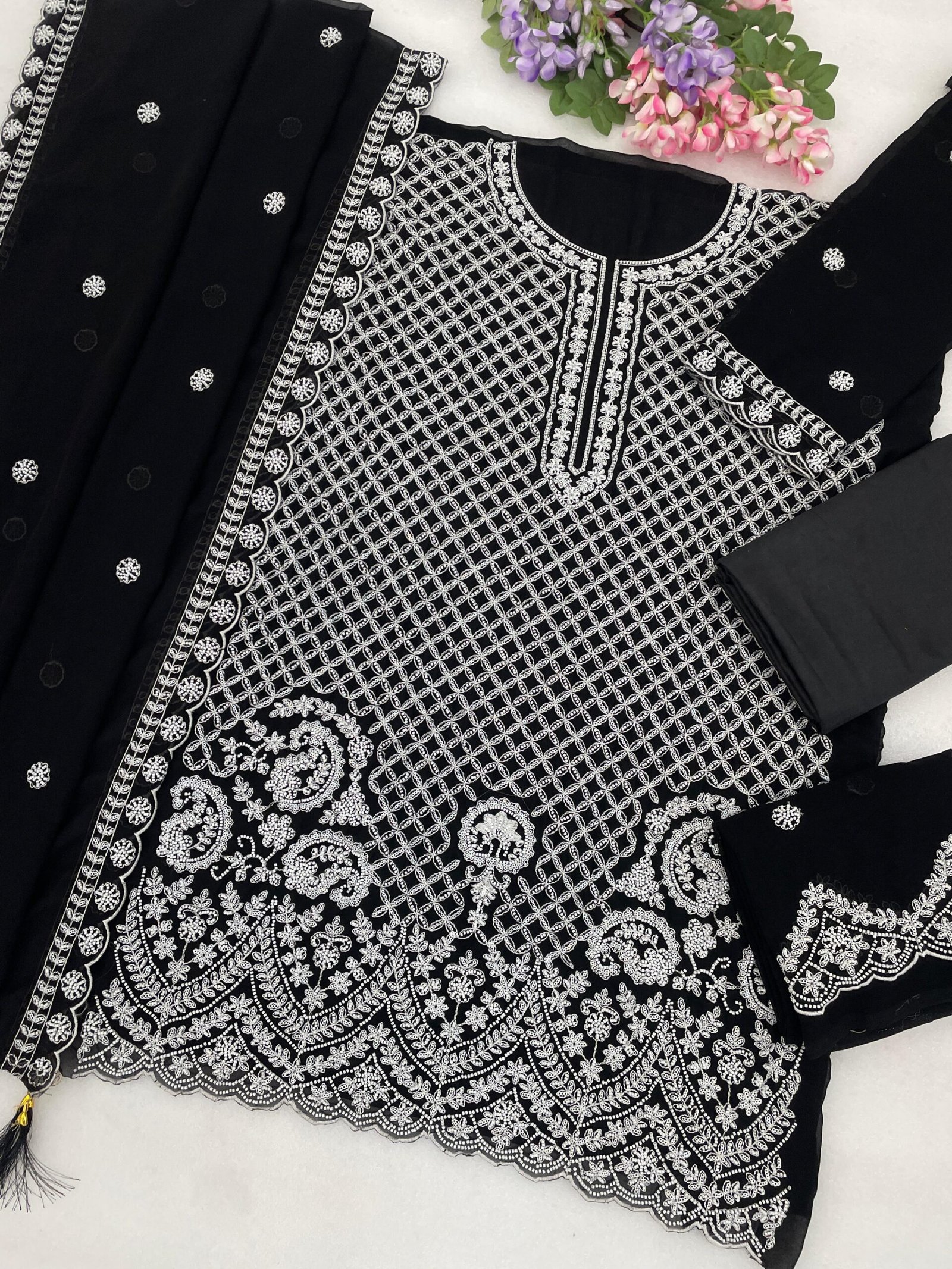 Faux Georgette with Heavy Embroidered Beads + 3mm Sequence Work - Image 6
