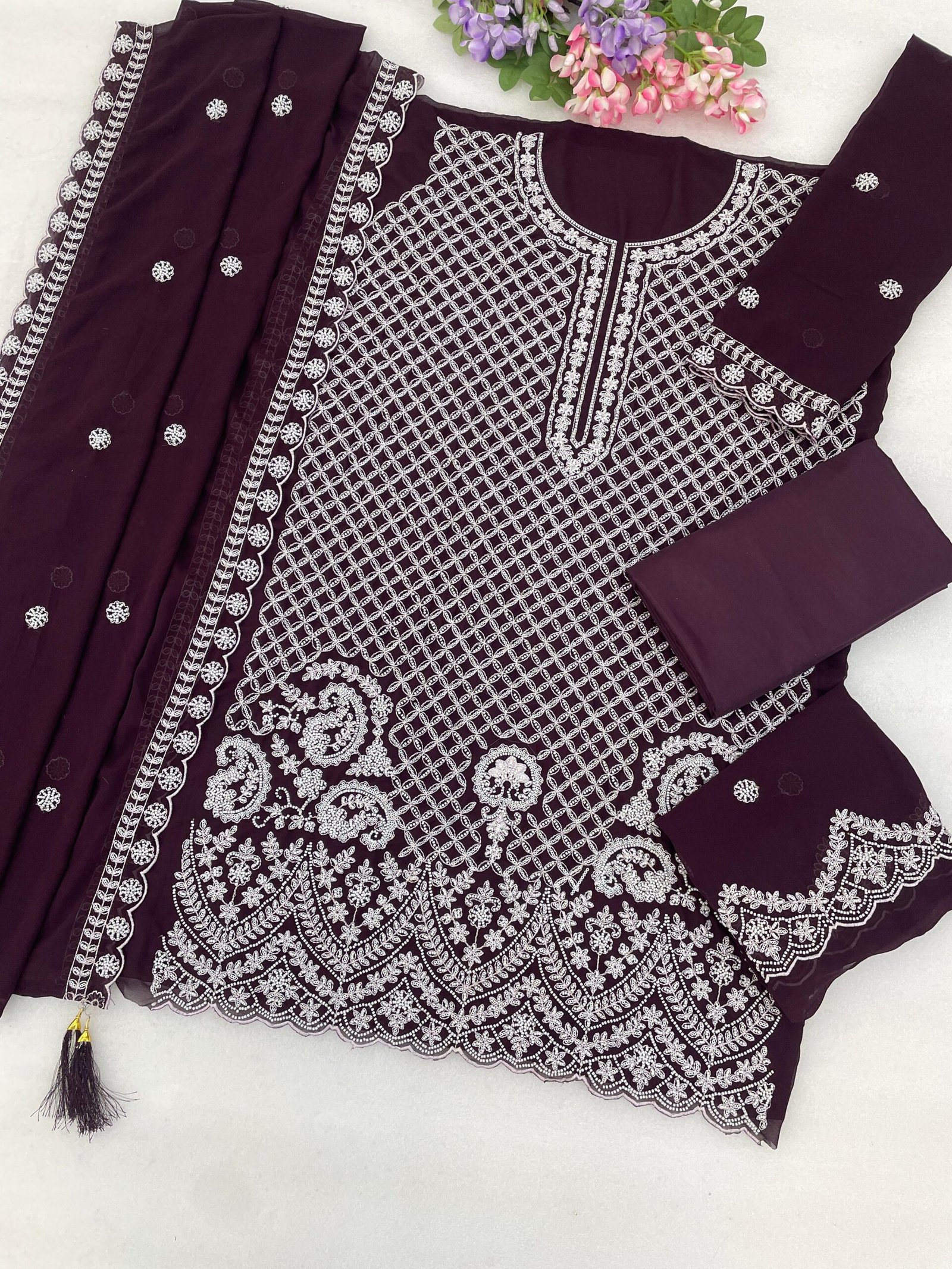 Faux Georgette with Heavy Embroidered Beads + 3mm Sequence Work - Image 8