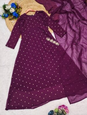 Alternative view of Stay Effortlessly Beautiful In Our  Emb Anarkali A Perfectly Enhanced With Wine & Golden Thread Sequence Work All Over The Gown The Outfit Comes Paired With A  Dupatta With CutWork broach
