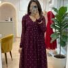 Stay Effortlessly Beautiful In Our  Emb Anarkali A Perfectly Enhanced With Wine & Golden Thread Sequence Work All Over The Gown The Outfit Comes Paired With A  Dupatta With CutWork broach