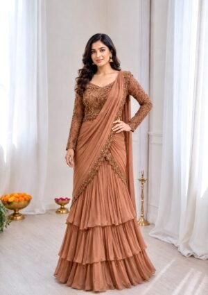 Experience effortless luxury with this premium ready-to-wear Lehenga saree. Expertly tailored with precise pleats and a refined finish, it delivers a sophisticated look without compromising comfort.