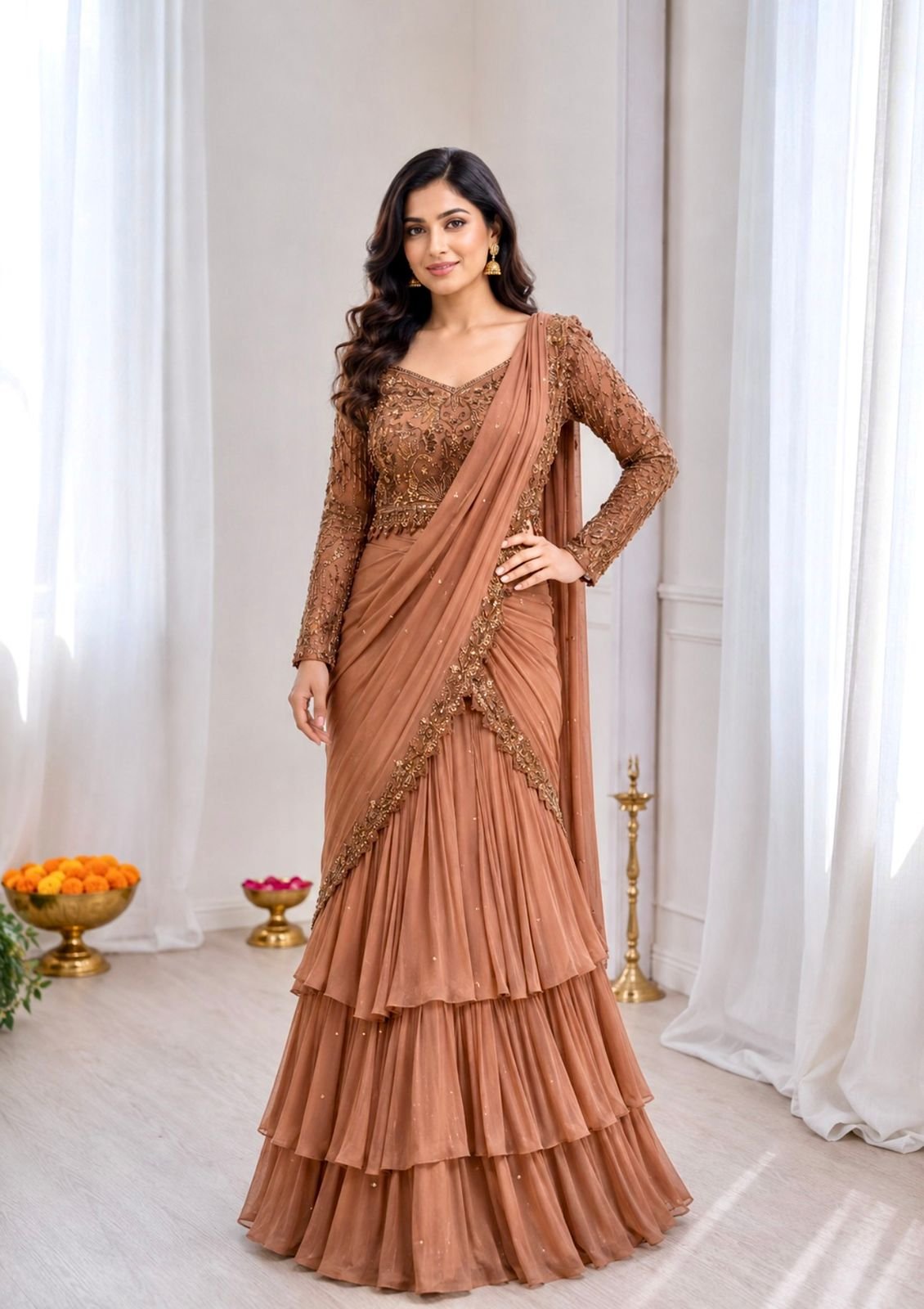Experience effortless luxury with this premium ready-to-wear Lehenga saree. Expertly tailored with precise pleats and a refined finish, it delivers a sophisticated look without compromising comfort.