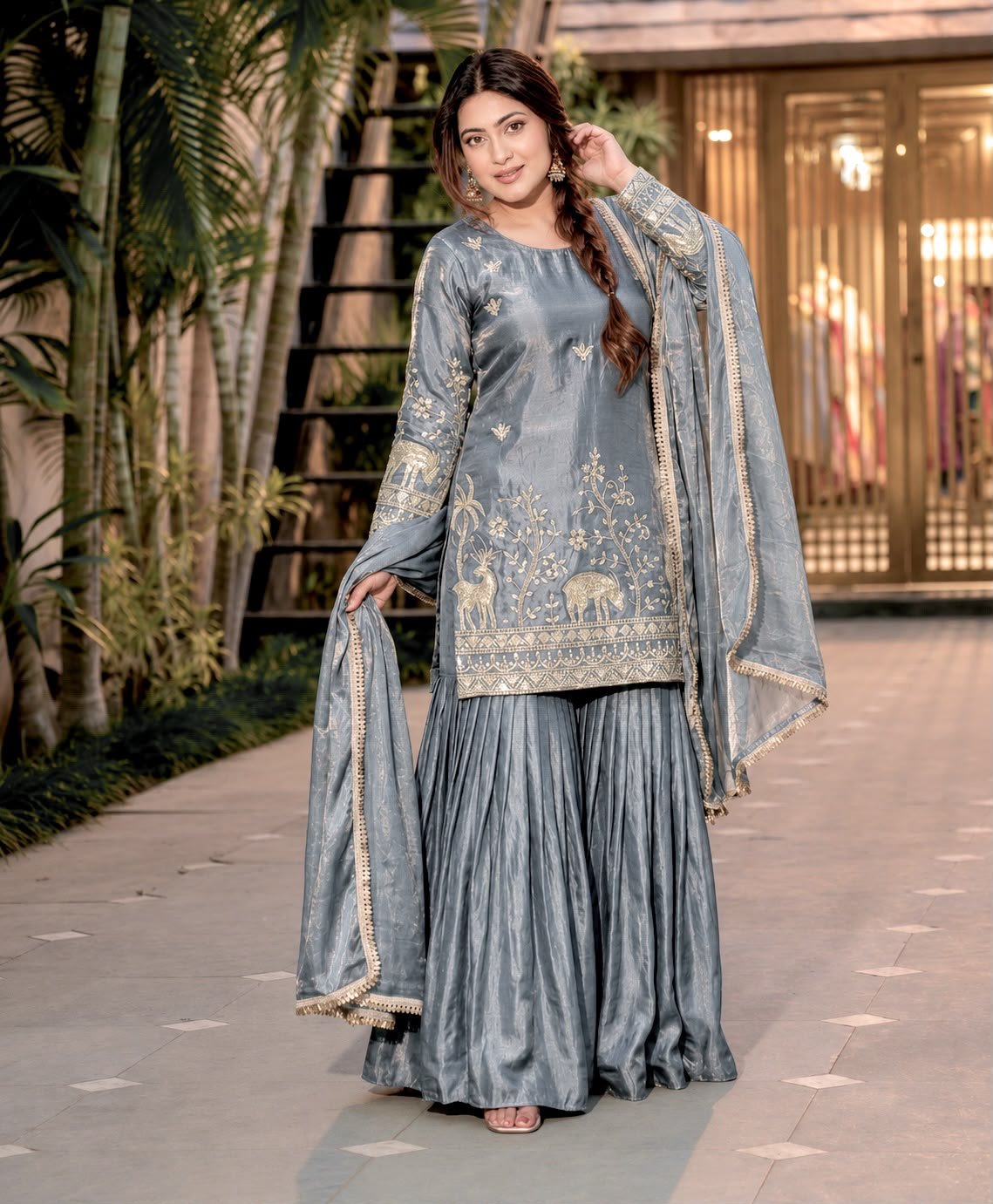 PIECE STYLISH TOP, SHARARA AND DUPATTA WITH BEAUTIFUL EMBROIDERY SEQUENCE WORK