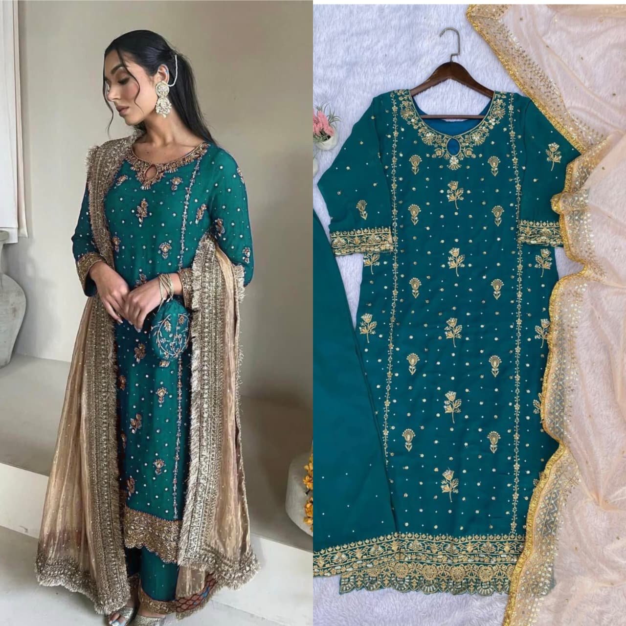 DESIRABLE FANCY FAUX GEORGETTE WITH SEQUENCE EMBROIDERED AND ORIGINAL MOTTI HANDMADE WORK TOP AND PENT WITH DUPATTA