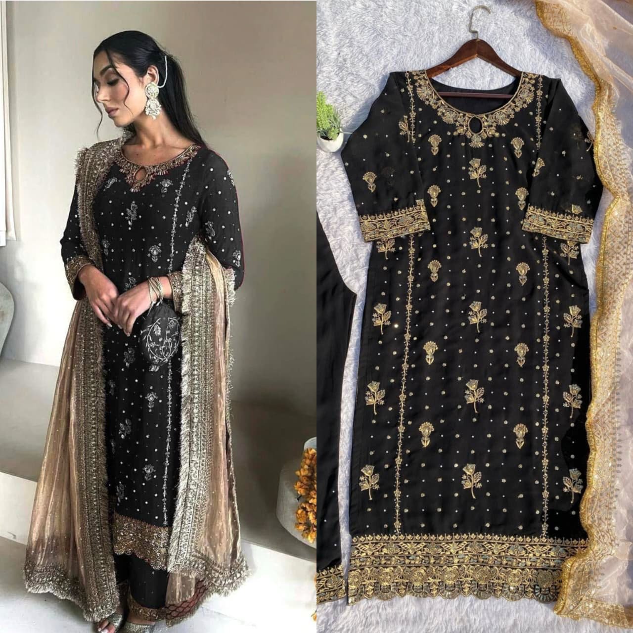 DESIRABLE FANCY FAUX GEORGETTE WITH SEQUENCE EMBROIDERED AND ORIGINAL MOTTI HANDMADE WORK TOP AND PENT WITH DUPATTA - Image 4