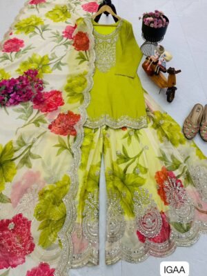 AK-Series New Designer Party Top Pallazo & Dupatta Set