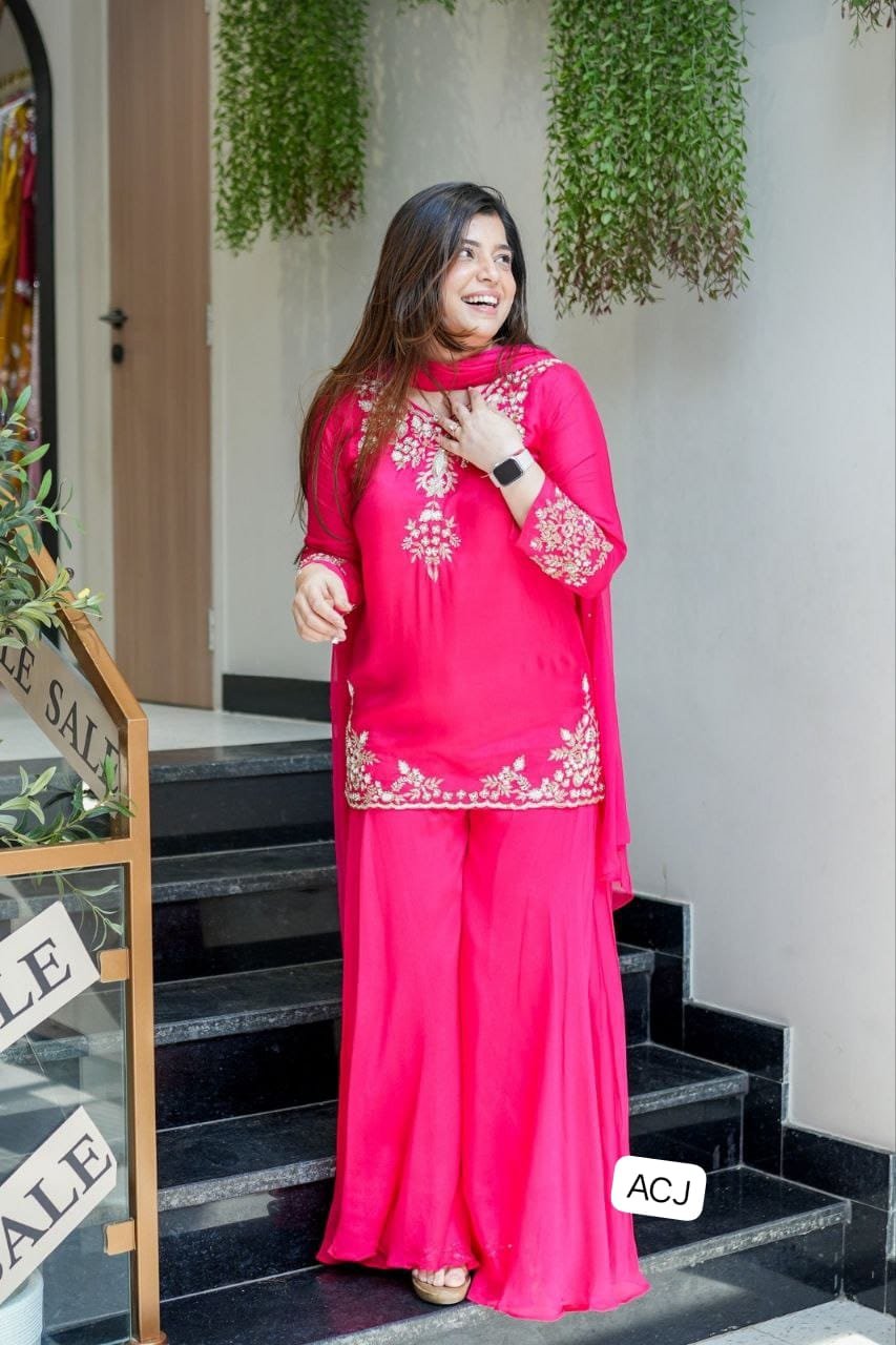 Featuring Lilac New Party wear Top With Palazzo And Dupatta Set which is beautifully nack with decorated with and heavy Embroidery Sequence Work