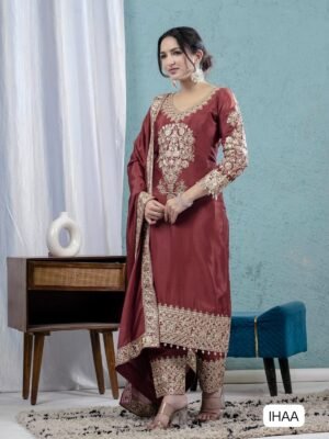Pure Heavy Chinnon Silk With Heavy Embroidery Coding Sequence Work With Full Embroidery Sleeve