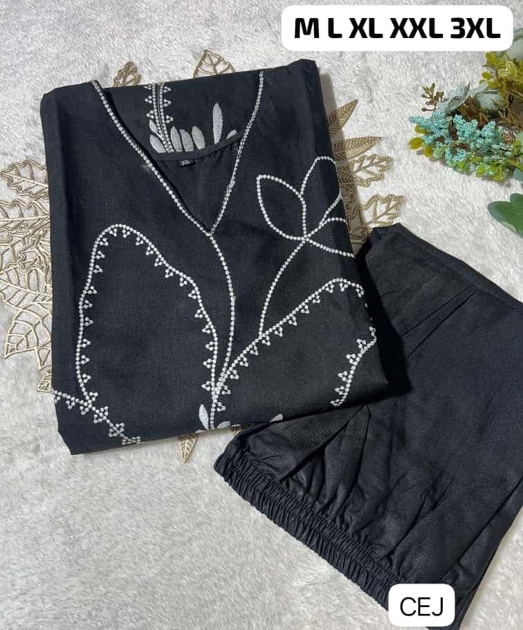 Featuring Beautiful Suit Sets in Soft Tesla Slub Top With Pant, it is beautifully decorated with Thread work desgins - Image 2
