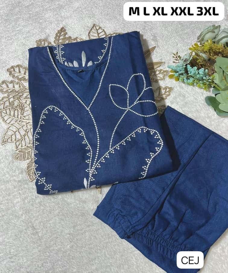 Featuring Beautiful Suit Sets in Soft Tesla Slub Top With Pant, it is beautifully decorated with Thread work desgins