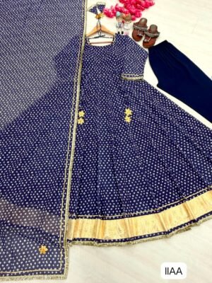 Launching New Party Wear Look Heavy Bandhej Print Faux Georgette Gown,Dupatta & Bottom Set