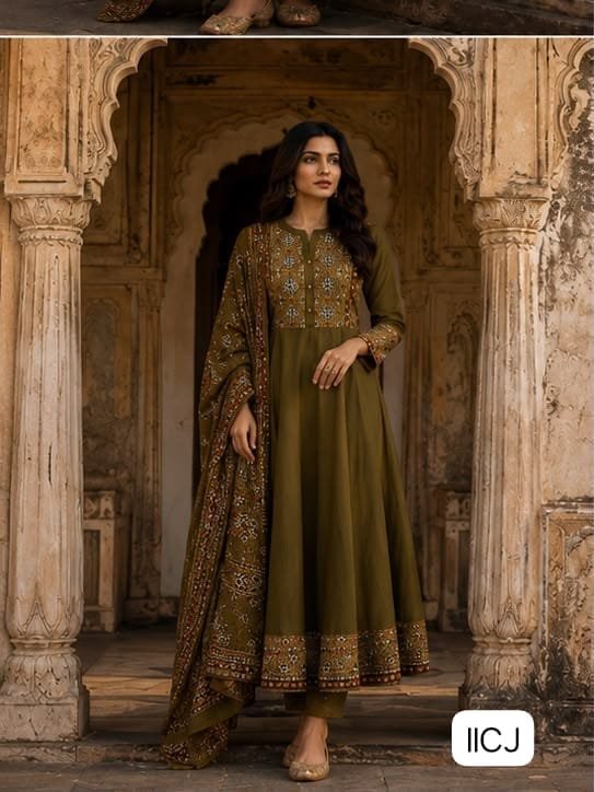 Premium Cotton Fabric Beautiful Full-Flair Anarkali Design With Elegant Ethnic Print - Image 3