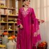 The pure Satori silk kurta is adorned with intricate machine embroidery and delicate handwork across the sleeves and neckline, lending a touch of regal finesse.