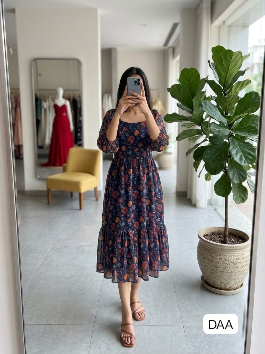 These dresses capture"s a lovely "boho-chic" aesthetic, blending a romantic silhouette with beautiful print A midi-length tea dress with a feminine, flowy silhouette.