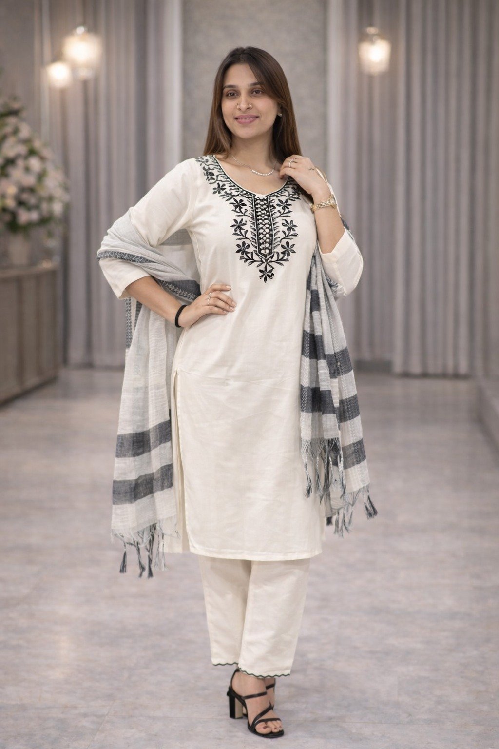 Elegant Khadi Cotton Fabric Calf Length Straight Kurta Set - Image 2