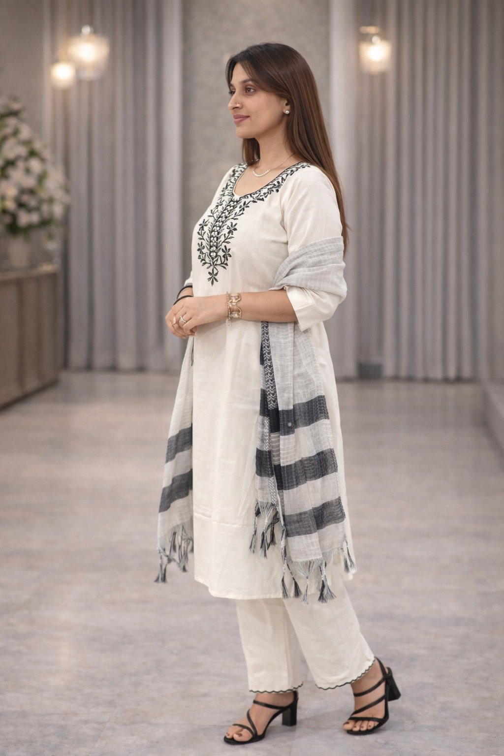 Elegant Khadi Cotton Fabric Calf Length Straight Kurta Set - Image 3