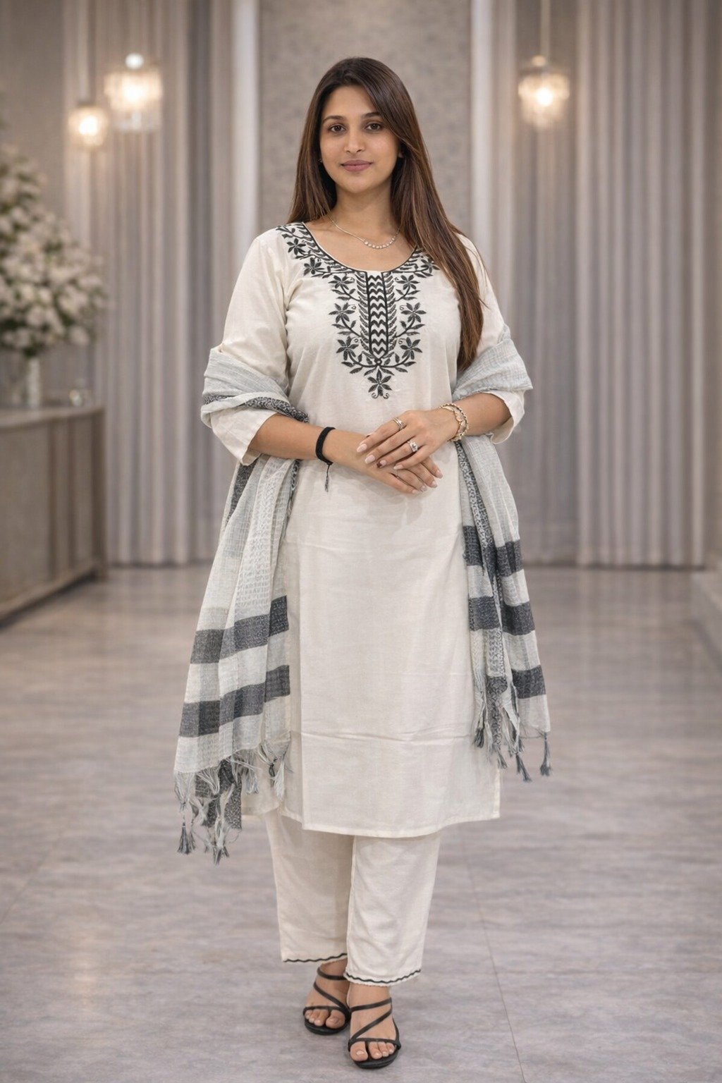 Elegant Khadi Cotton Fabric Calf Length Straight Kurta Set