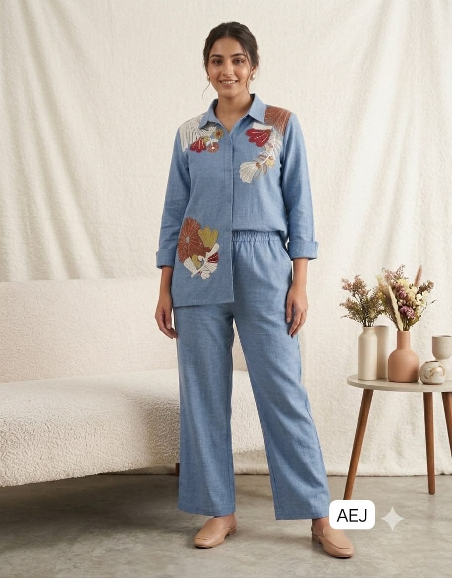 FOR THIS TRENDY SEASON, TRY OUR DESIGNER SEQUENCE EMBROIDERED CO-ORD SET IN COTTON DENIM