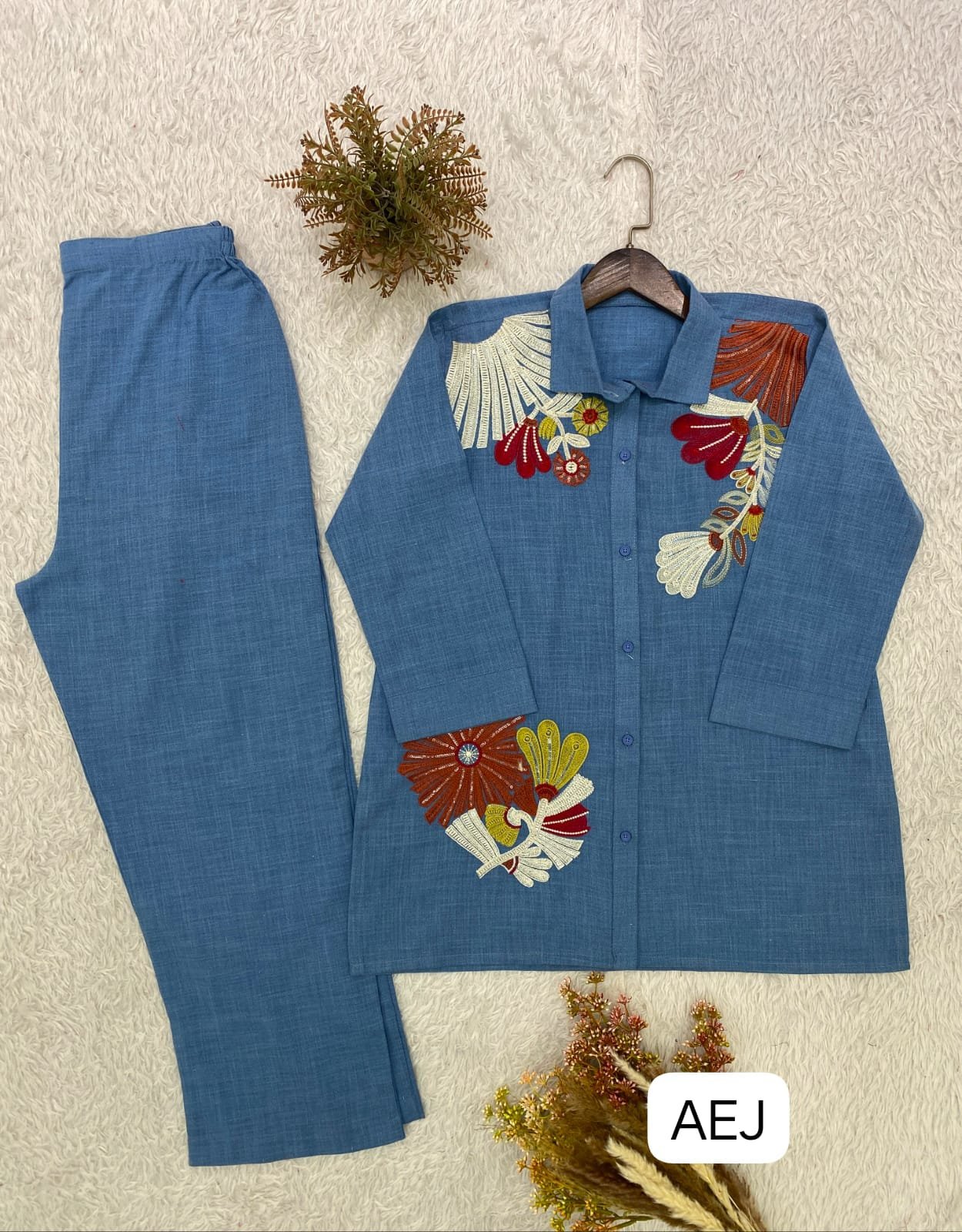 FOR THIS TRENDY SEASON, TRY OUR DESIGNER SEQUENCE EMBROIDERED CO-ORD SET IN COTTON DENIM - Image 2