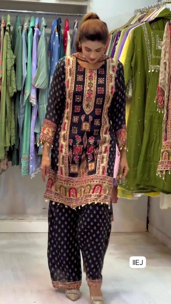DESIGNER WEAR TRENDING TOP WITH PRINTED WORK AND STONE WORK TOP PLAZZO WITH DUPATTA SET