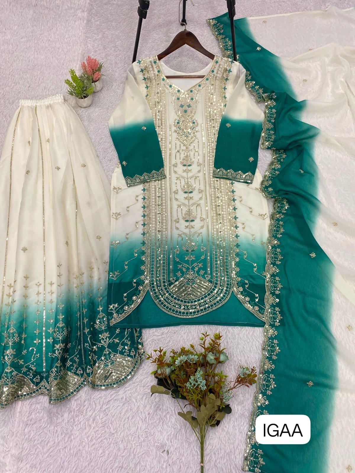 THIS WEDDING SEASON WEAR OUR BEAUTIFUL SEQUENCE EMBROIDERED TOP , PLAZZO WITH DUPATTA - Image 2